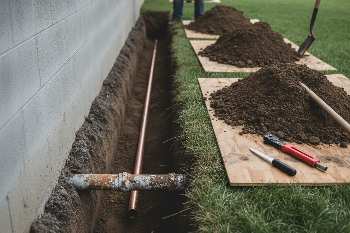 Excavated water line trench during Sewer Line Repair in North Miami Beach